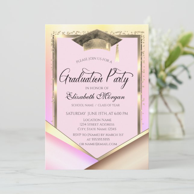 Elegant Gold Frame Diamonds Colourful Graduation Invitation (Standing Front)