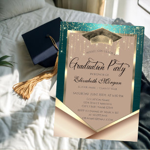 Elegant Gold Frame Diamonds Green Graduation Invitation