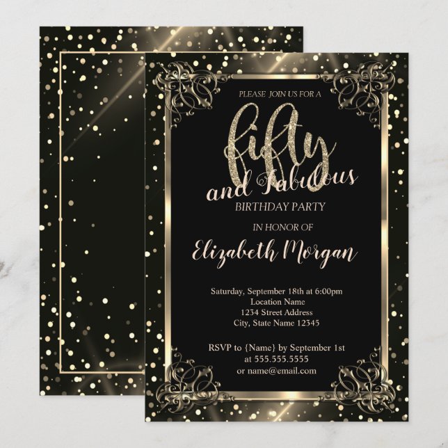 Elegant Gold Frame, Dots 50th Birthday Party Invitation (Front/Back)
