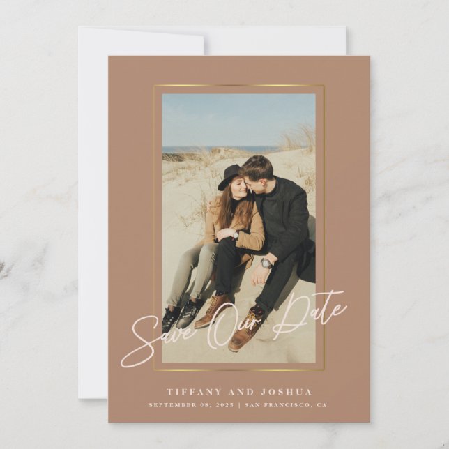 Elegant Gold Frame Dusty Rose Photo Wedding Save The Date (Front)