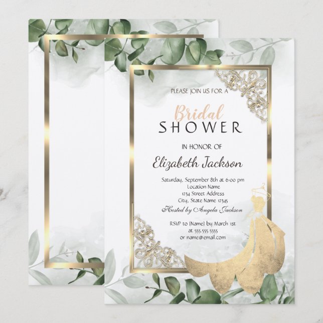 Elegant Gold Frame,Eucalyptus Dress Bridal Shower Invitation (Front/Back)