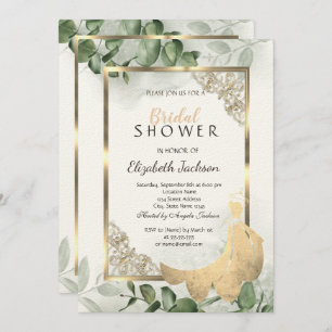 Elegant Gold Frame,Eucalyptus Dress Bridal Shower Invitation