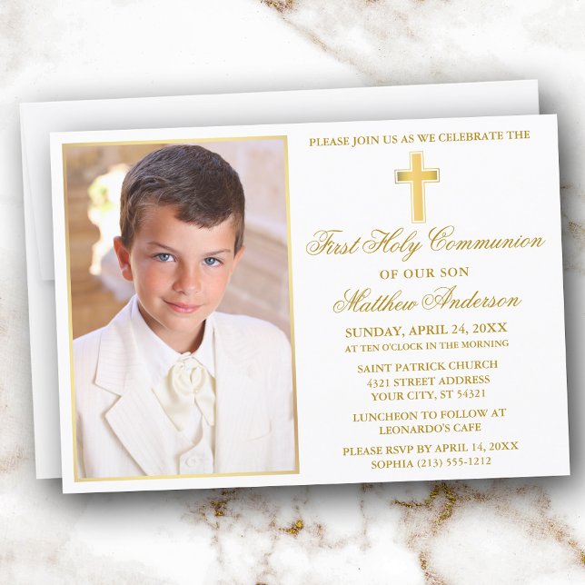 Elegant Gold Frame First Communion Photo Invitation (Customize to change text color, size, style or to add more text to back of card.)