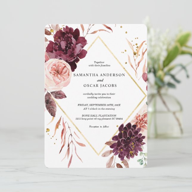 Elegant Gold Frame Floral Red & Pink Invitation (Standing Front)