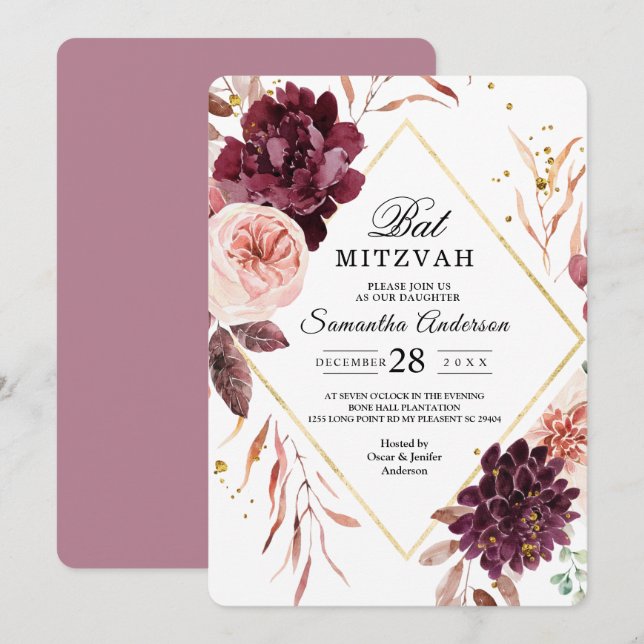 Elegant Gold Frame Floral Red & Pink Invitation (Front/Back)