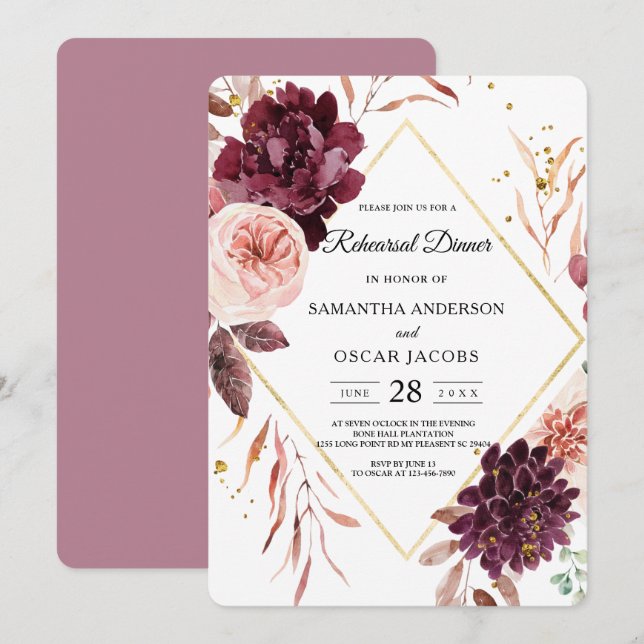 Elegant Gold Frame Floral Red & Pink Invitation (Front/Back)