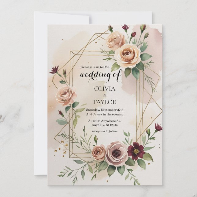 Elegant Gold Frame Floral Wedding Invitation (Front)