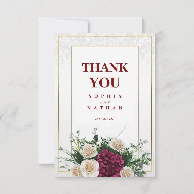 Elegant Gold Frame Floral Wedding Thank You Card (Front)