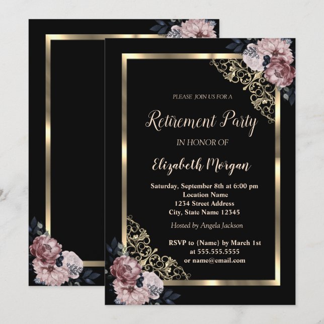 Elegant Gold Frame Flowers Retirement  Invitation (Front/Back)