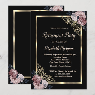 Elegant Gold Frame Flowers Retirement  Invitation