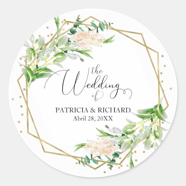 Elegant Gold Frame Geometric Greenery Wedding Classic Round Sticker (Front)