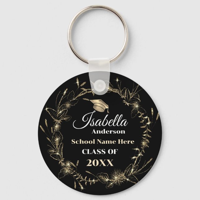 Elegant Gold Frame Grad Name Graduation Key Ring (Front)