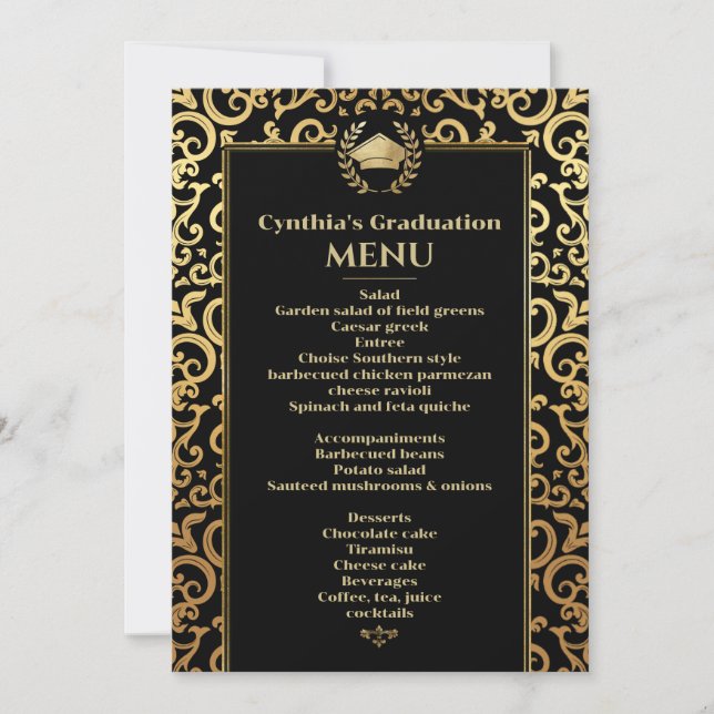 Elegant gold Frame Graduation Dinner Menu  Invitation (Front)