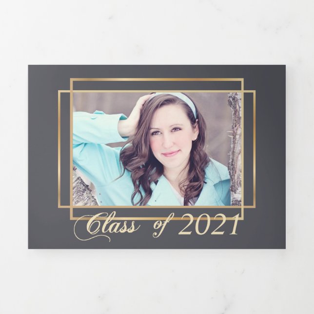 Elegant Gold Frame Graduation Photo Tri-Fold Holiday Card (Cover)