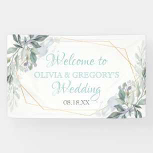 Elegant Gold Frame Greenery Dusty Blue Wedding Banner