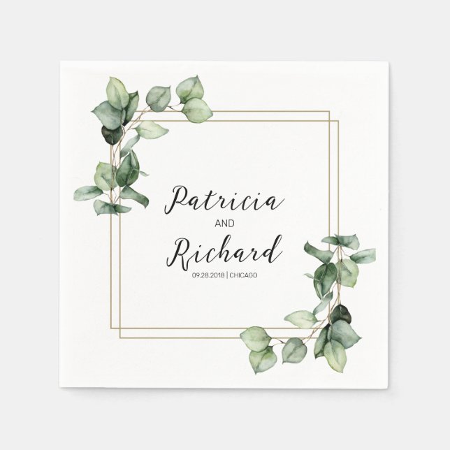 Elegant Gold Frame Greenery Elegant Wedding Napkin (Front)