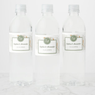 Elegant Gold Frame & Greenery Floral Wedding Water Bottle Label