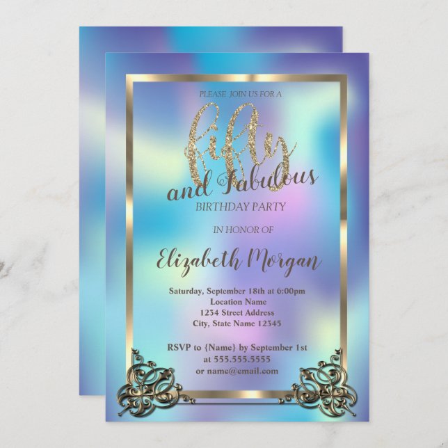Elegant Gold Frame,Holographic 50th Birthday Party Invitation (Front/Back)
