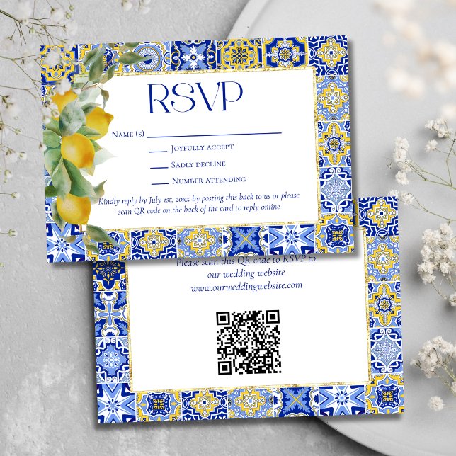 Elegant Gold Frame Italian Blue Tile Lemon Wedding RSVP Card (Creator Uploaded)