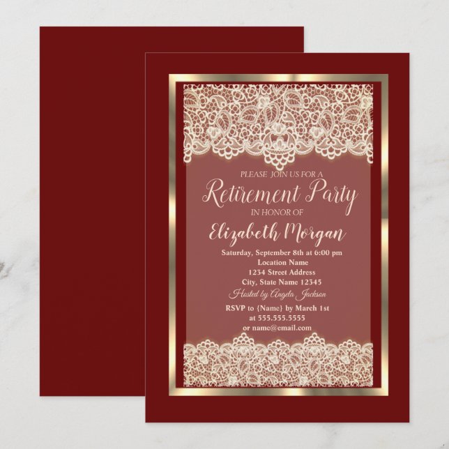 Elegant Gold Frame Lace Burgundy Retirement Party Invitation (Front/Back)