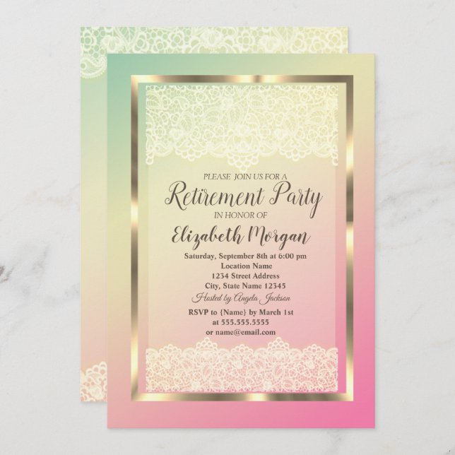 Elegant Gold Frame Lace Ombre Retirement Party Invitation (Front/Back)