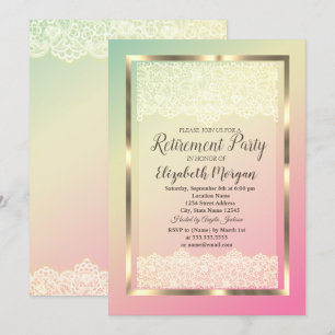 Elegant Gold Frame Lace Ombre Retirement Party Invitation