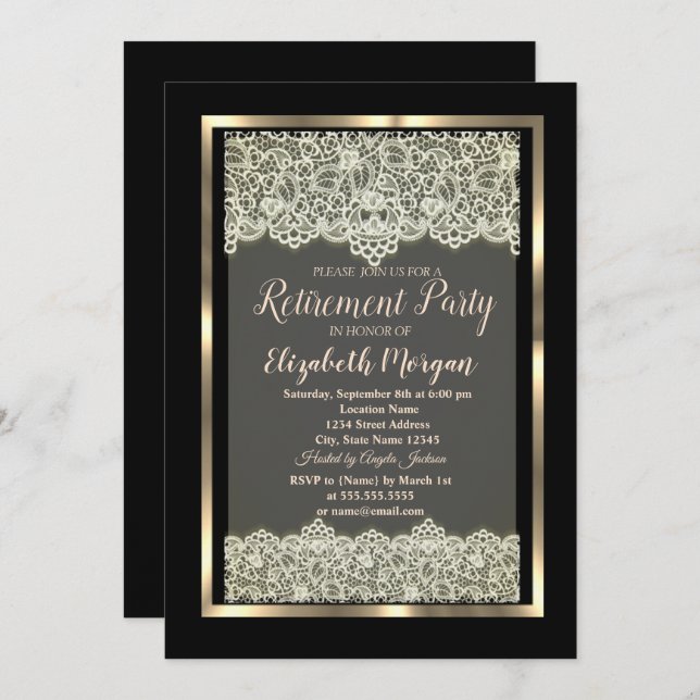 Elegant Gold Frame Lace Retirement Invitation (Front/Back)