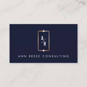 Elegant Gold Frame Monogram Modern Navy Blue Business Card