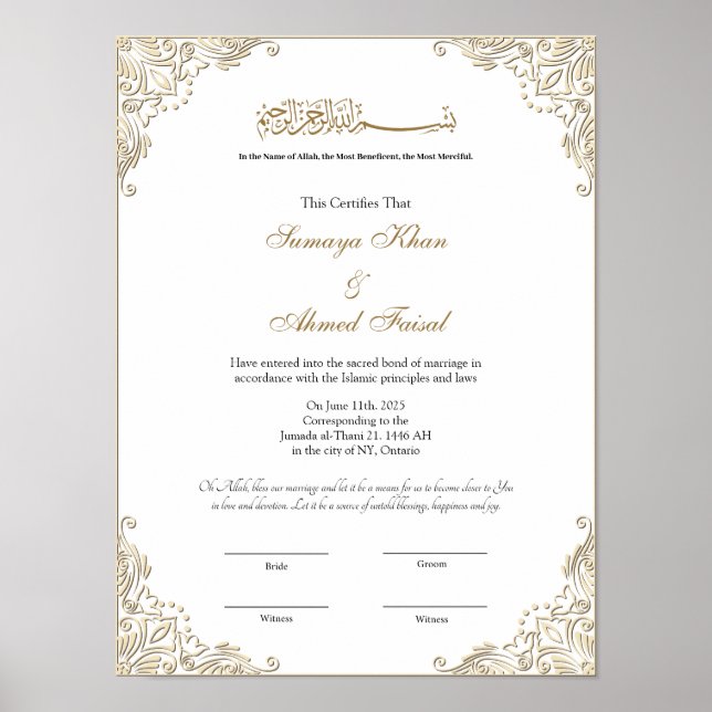 Elegant gold frame Muslim nikkah certificate Poster (Front)