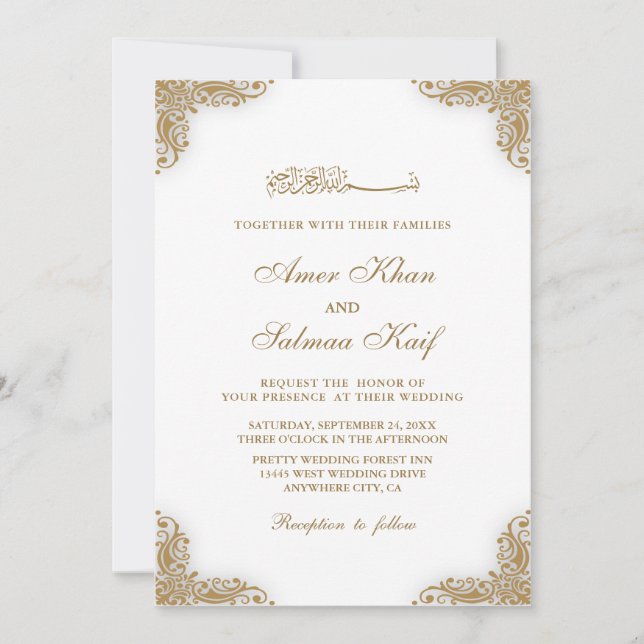 Elegant gold frame muslim wedding Invitations (Front)