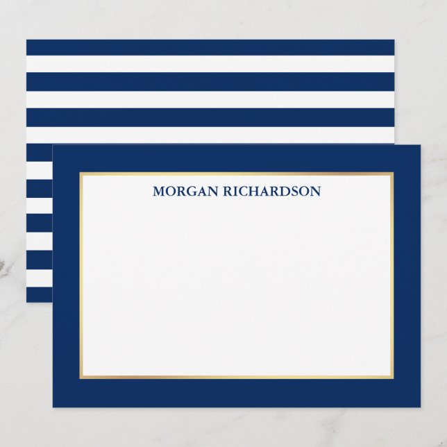 Elegant Gold Frame Navy Blue Striped Card (Front/Back)