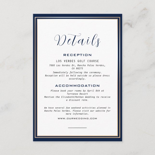 Elegant Gold Frame Navy Blue Wedding Details Enclosure Card (Front)