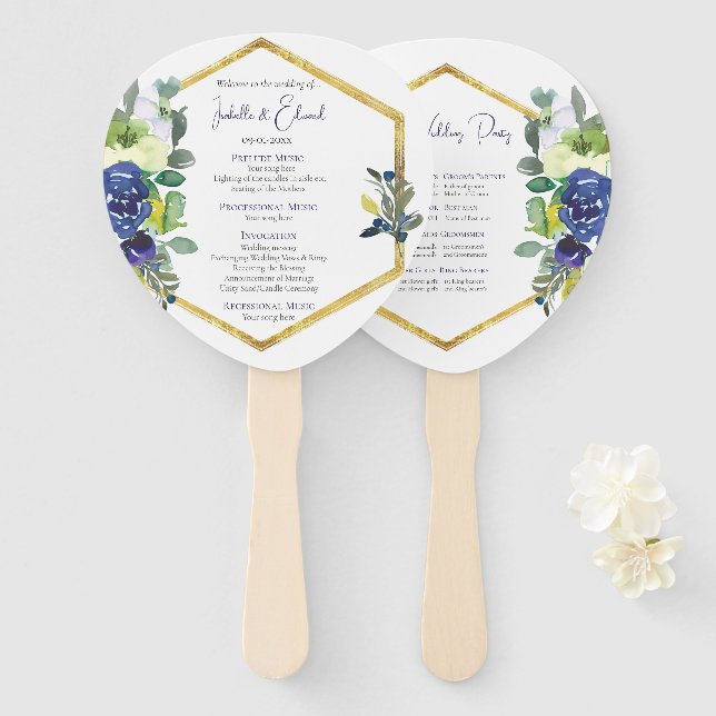 Elegant Gold Frame Navy White Rose Floral Program Hand Fan (Front and Back)