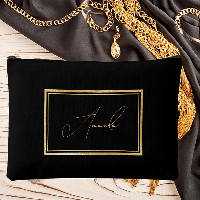 Elegant gold frame on black personalised accessory pouch (Creator Uploaded)