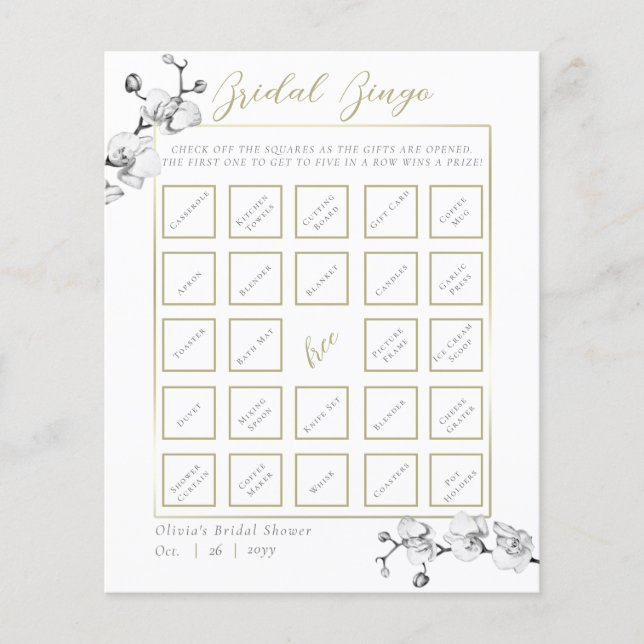 Elegant Gold Frame Orchid Bridal Shower Bingo Game (Front)
