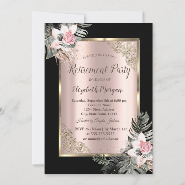 Elegant Gold Frame,Palm Leaves Roses Retirement  Invitation (Front)