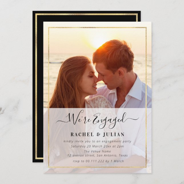 Elegant gold frame photo engagement party invitation (Front/Back)