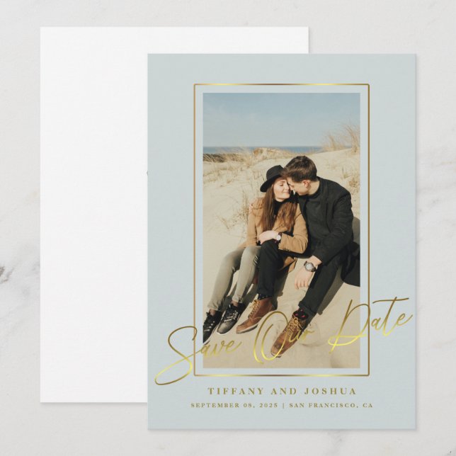 Elegant Gold Frame Photo Wedding  Save The Date (Front/Back)