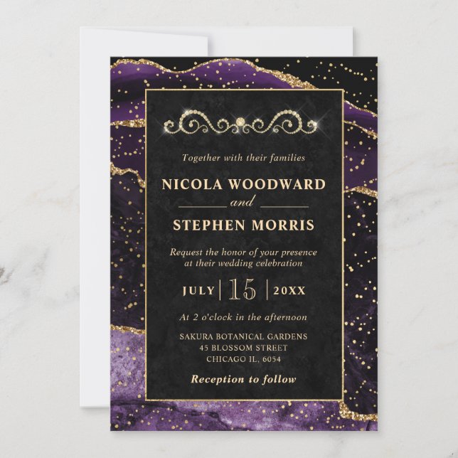 Elegant Gold Frame Purple Agate Wedding Invitation (Front)