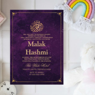 Elegant Gold Frame Purple Baby Islamic Aqiqa  Invitation
