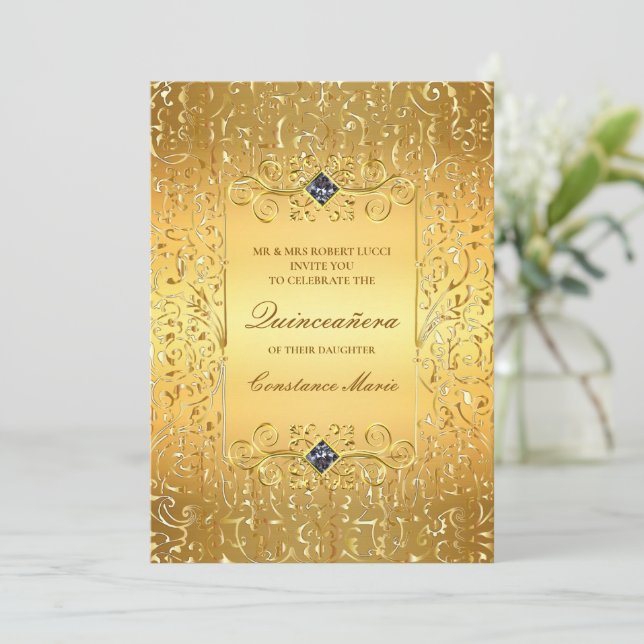 Elegant Gold Frame Quinceanera Invitation (Standing Front)