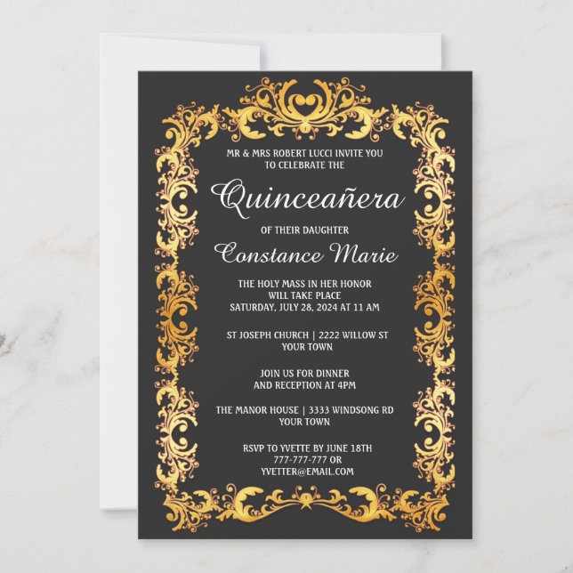 Elegant Gold Frame Quinceanera Invitation (Front)