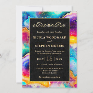 Elegant Gold Frame Rainbow Agate Wedding Invitation