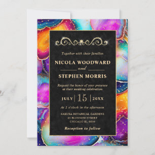 Elegant Gold Frame Rainbow Agate Wedding Invitation