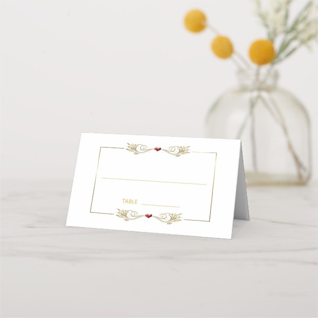 Elegant Gold Frame Red Heart Place Card (Front)