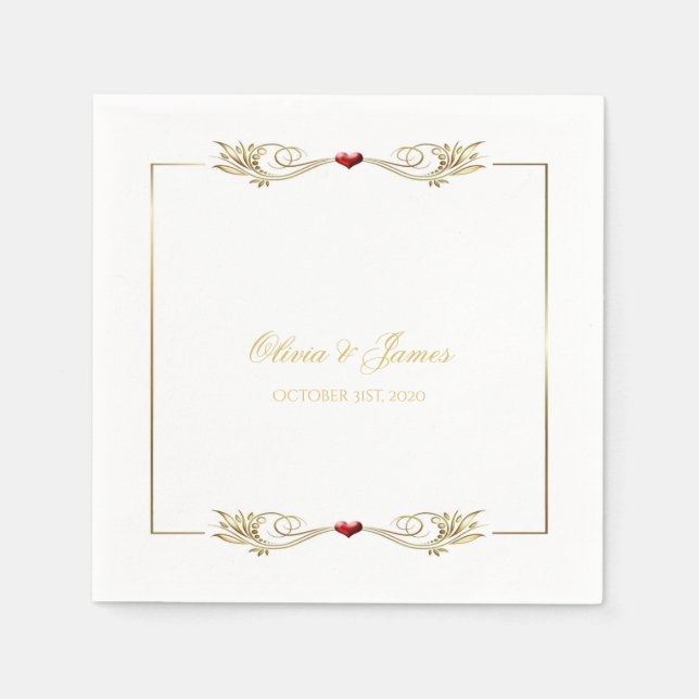 Elegant Gold Frame Red Heart Wedding Napkins (Front)