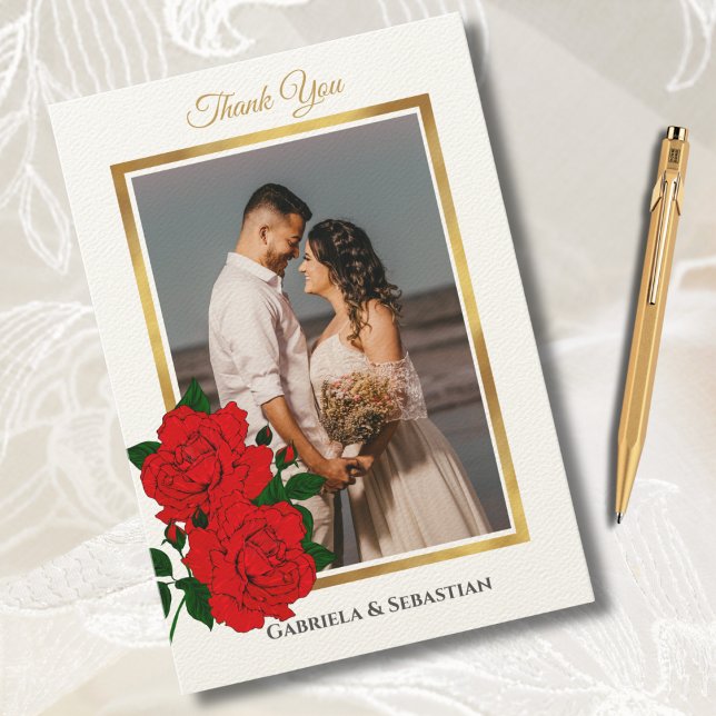 Elegant Gold Frame Red Roses Wedding Photo Thank You Card (Creator Uploaded)