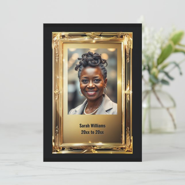 Elegant gold frame retirement photo farewell party invitation (Standing Front)