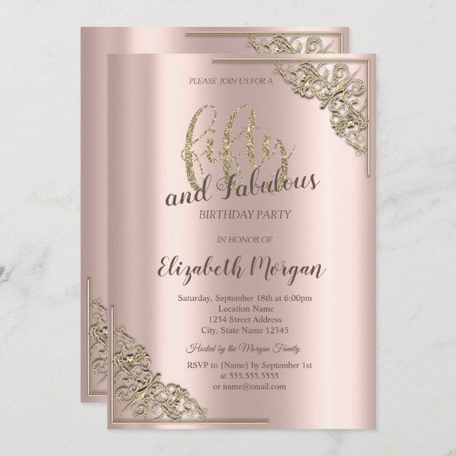 Elegant Gold Frame Rose Gold 50th Birthday Party   Invitation (Front/Back)