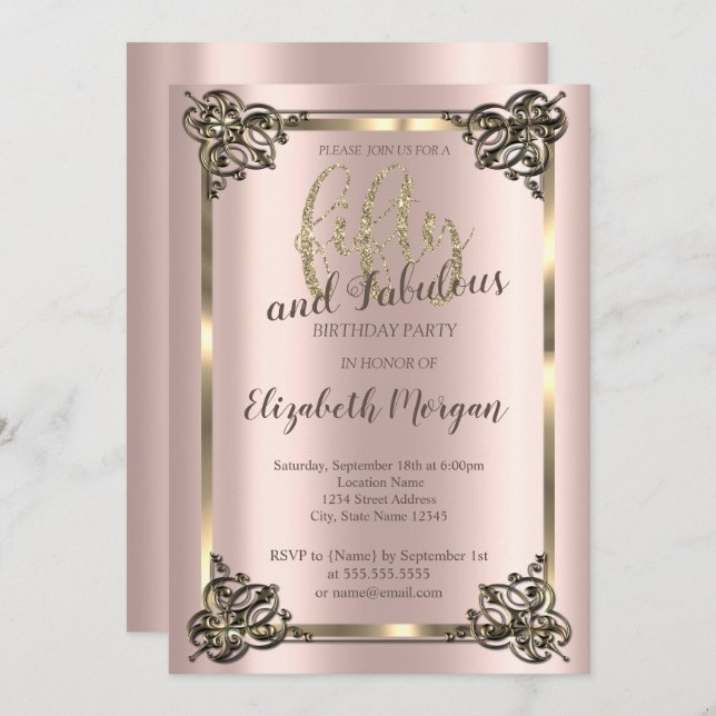 Elegant Gold Frame, Rose Gold 50th Birthday Party  Invitation (Front/Back)